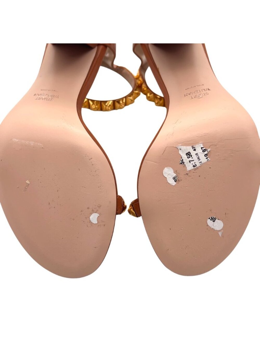 Stuart Weitzman Rosemarie Cognac Gold Stud Block Heels Ankle Strap 7.5B Spain - Picture 10 of 16